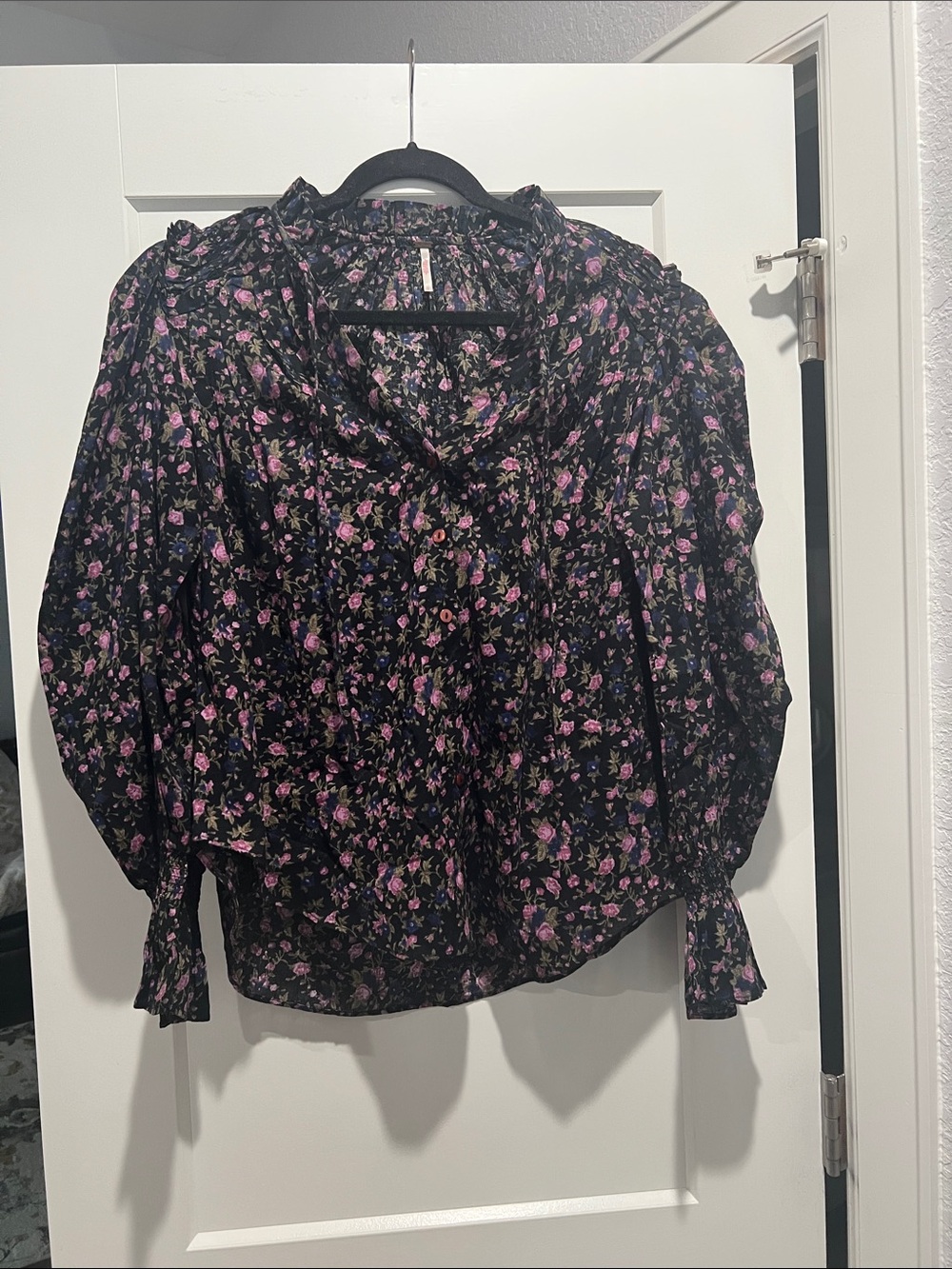 Free People Black Blouse with Purple & Pink Floral Print